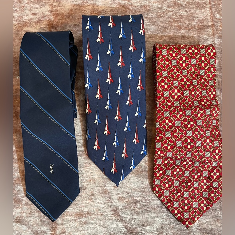 3 Vintage Men’s Neck Ties.  YSL, Roger L Paris & Paolo Gucci; Gold tone chain